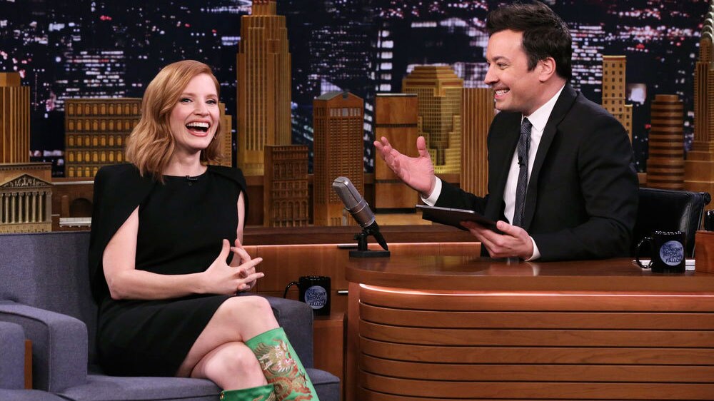 Jessica Chastain Goes Fiery in Barely-There Louboutins on Jimmy Kimmel –  Footwear News