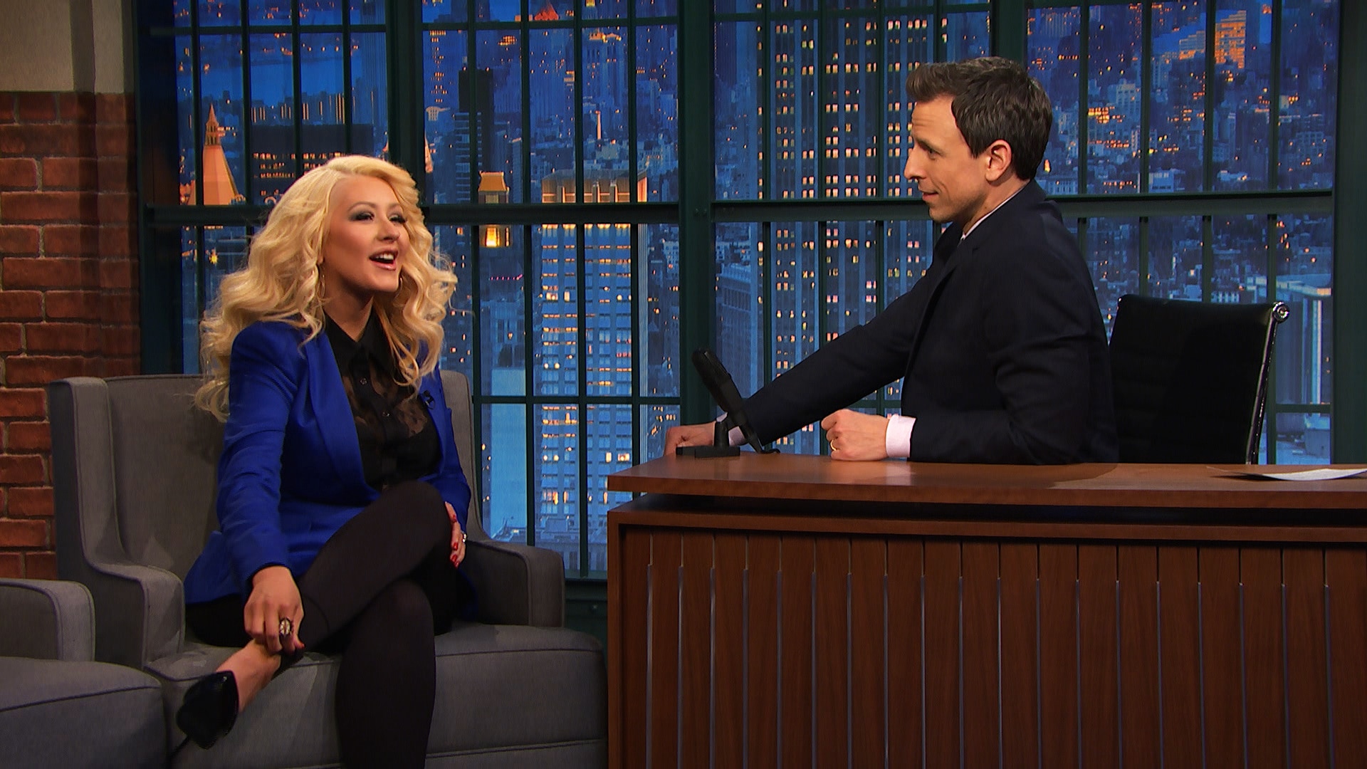 Christina Aguilera in Vivienne Westwood on “Late Night with Seth