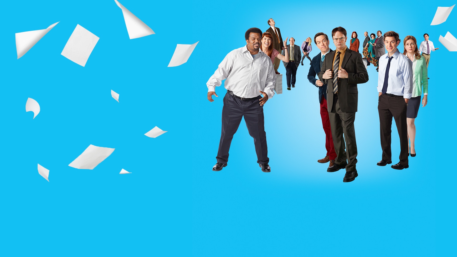 Download The Office cast at Dunder Mifflin's reception desk Wallpaper